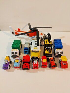 Lot of Tonka Construction Vehicles plus Helicopter — As Is — 13 Pieces